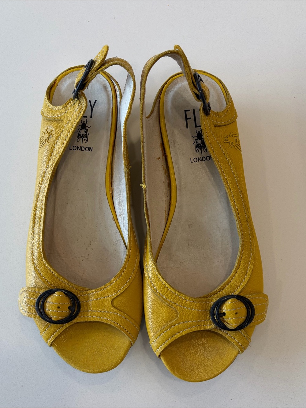 Fly London Yellow Leather Peep-Toe Slingback Flats with Buckle Size 36